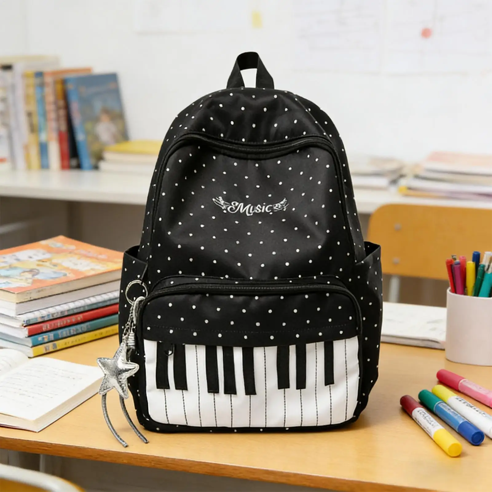 Nylon Dot Print Backpack Color-blocked Preppy Style Large Capacity School Bag Durable Cute Piano Key Backpack Shopping