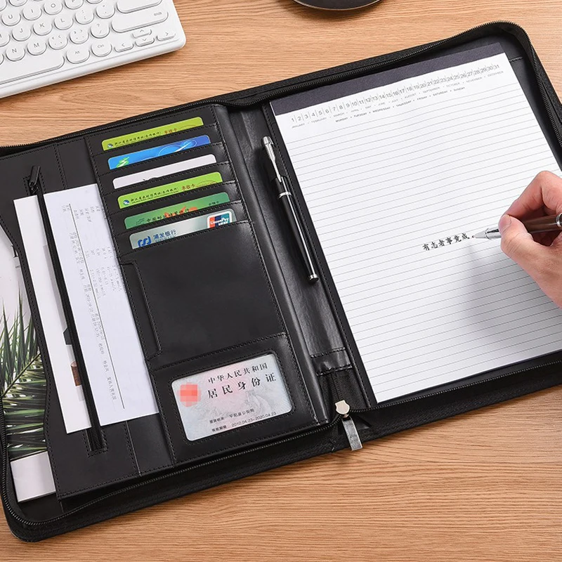 Black A4 Leather Multifunctional Conference Portfolio Folder Zippered Document Organizer Executive Briefcase for Office Use