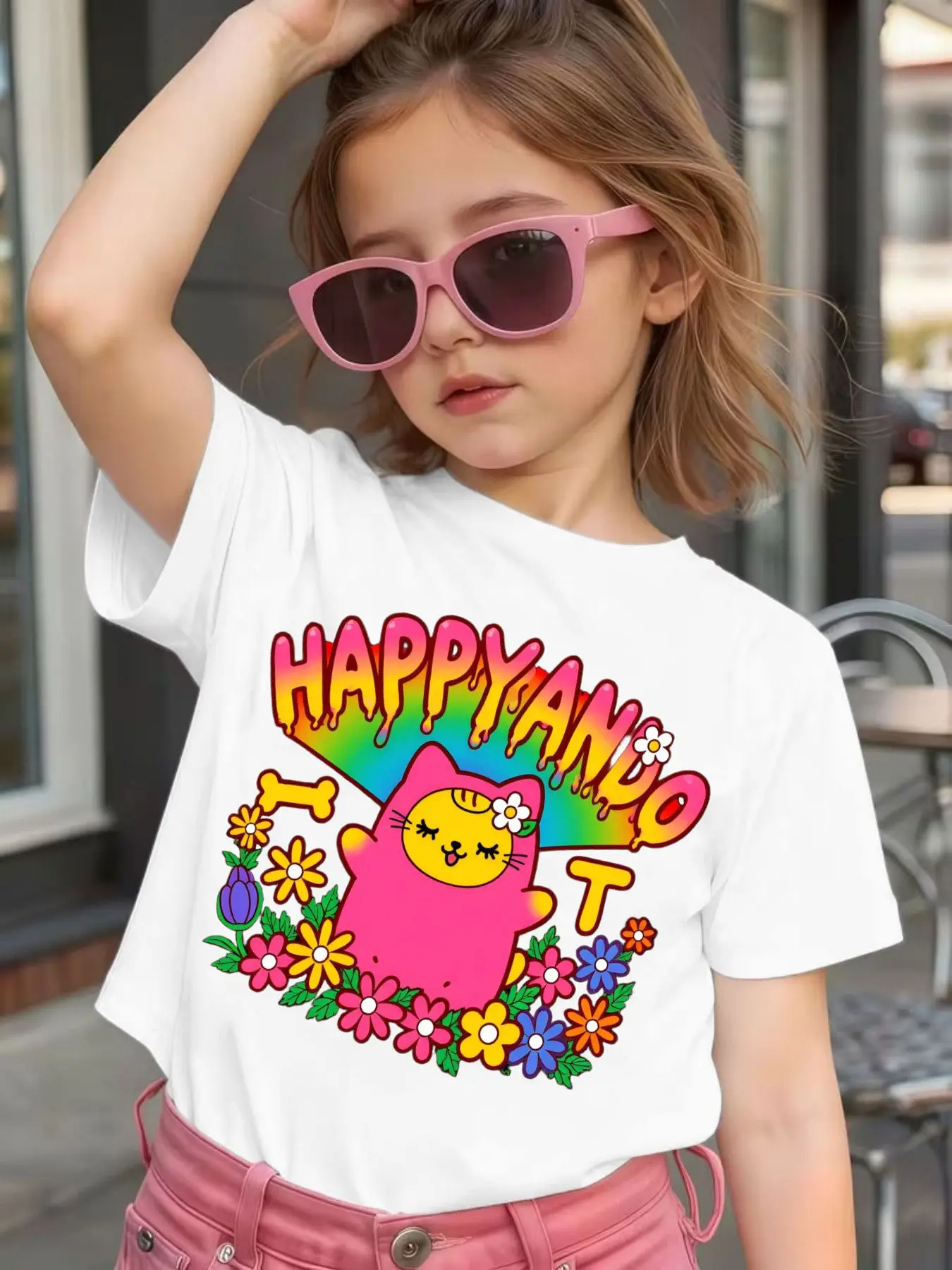 Cute Pink Cat Rainbow Floral Letter Graphic Kids Tee Boys Girls Family Matching Cotton Crew Neck Short Sleeve Soft Summer Tee