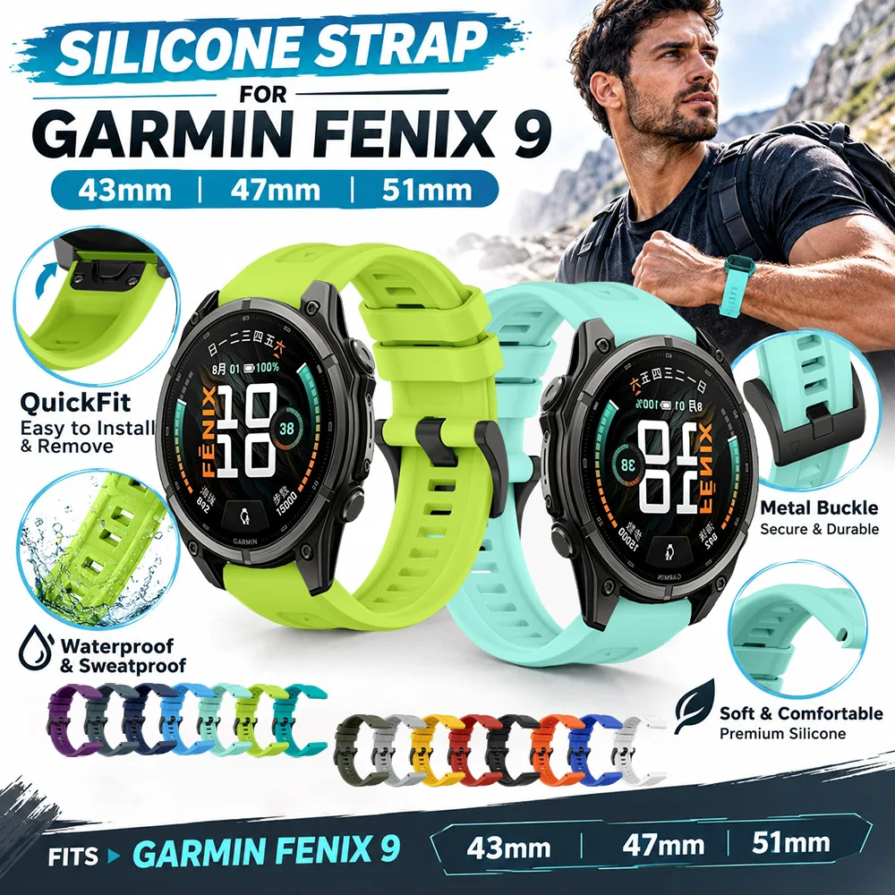 20mm 22mm 26mm QuickFit Offizielles Silikonarmband für Garmin Fenix 9 43mm 47mm 51mm 8 7S 6S Wasserdichtes Sport-Ersatzarmband