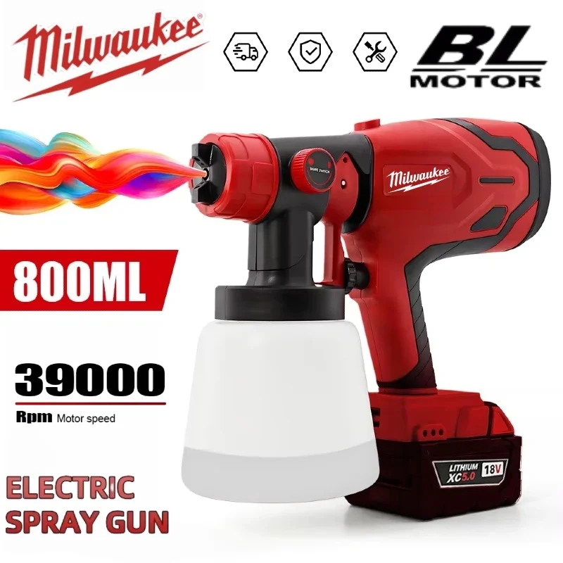 

Milwaukee 800ML Tank 600W Paint Spray Gun & 39000 RPM Brushless Motor Auto Furniture Wall Car Sprayer For 18V Battery