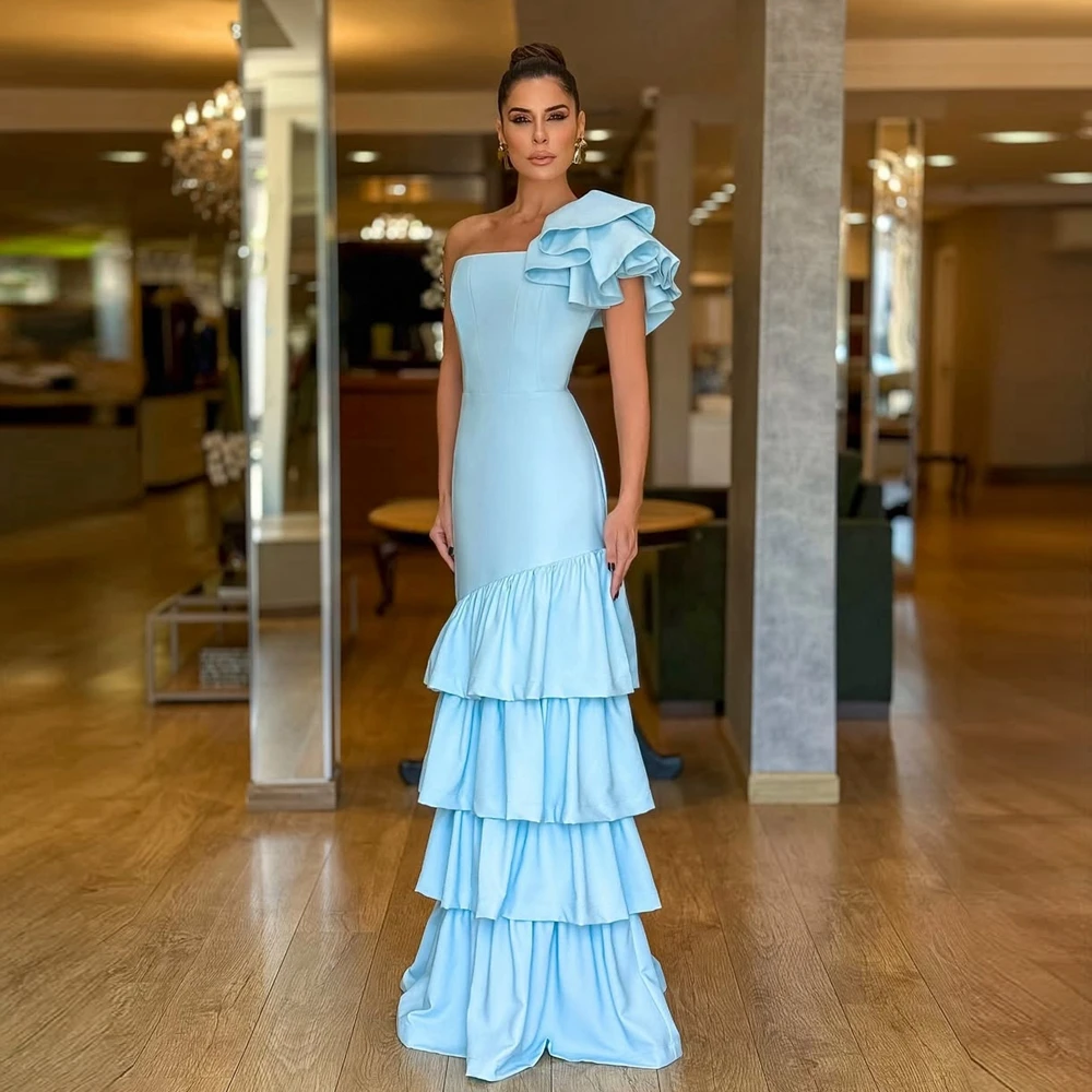 

One Shoulder Ruffle Satin Evening Dress High Quality Taffeta Long Formal Party Gowns Fashion Ruffles Tiered Satin Pageant Dress