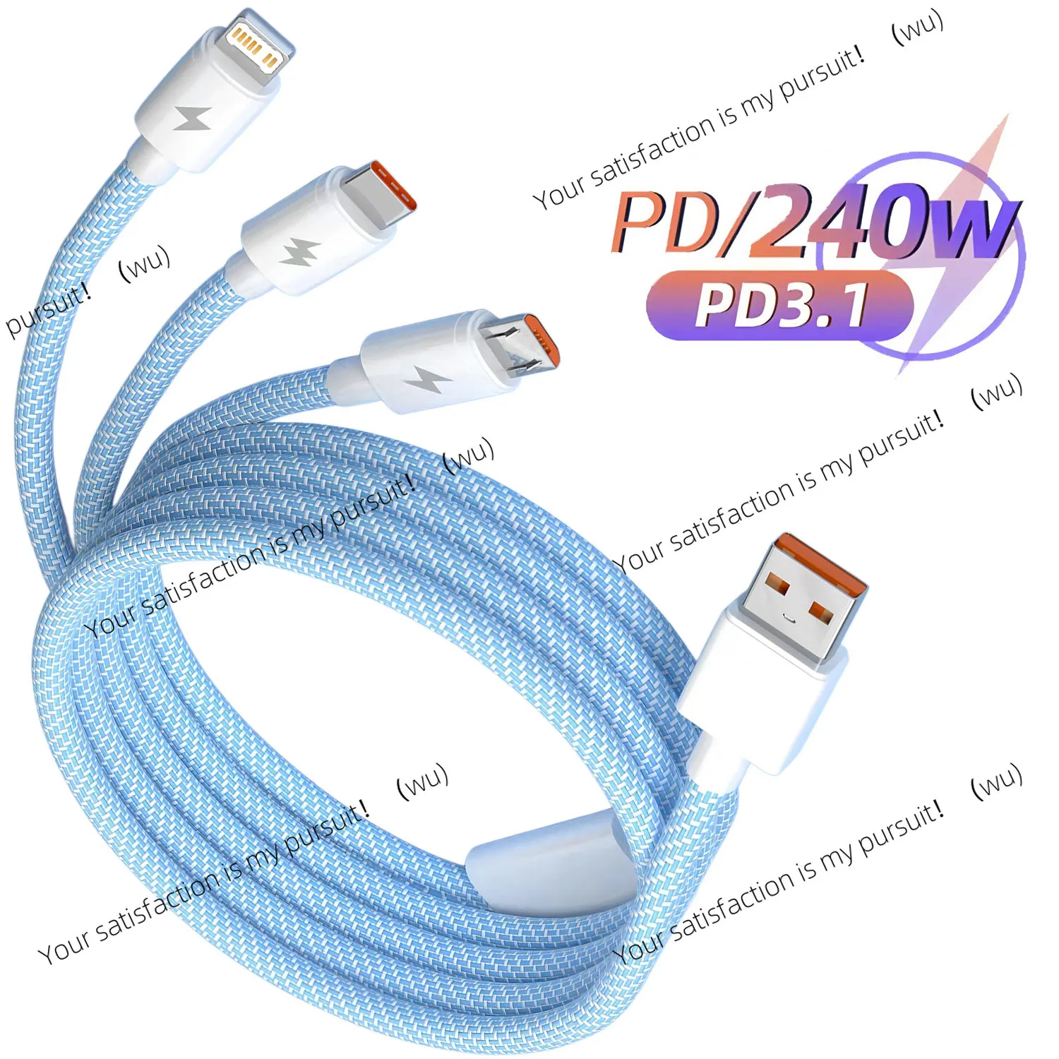 240W 3-in-1 USB-C & Micro USB Fast Charger for iPhone Samsung Xiaomi Poco - High Speed Multi-Device Cable