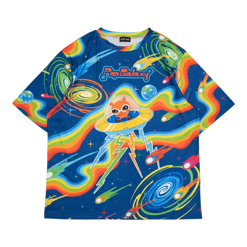 Pop Galaxy Alien UFO Rainbow Full Print T‑Shirt Short Sleeve Men Women Y2K Oversized Loose Fit Kawaii Harajuku Streetwear Top