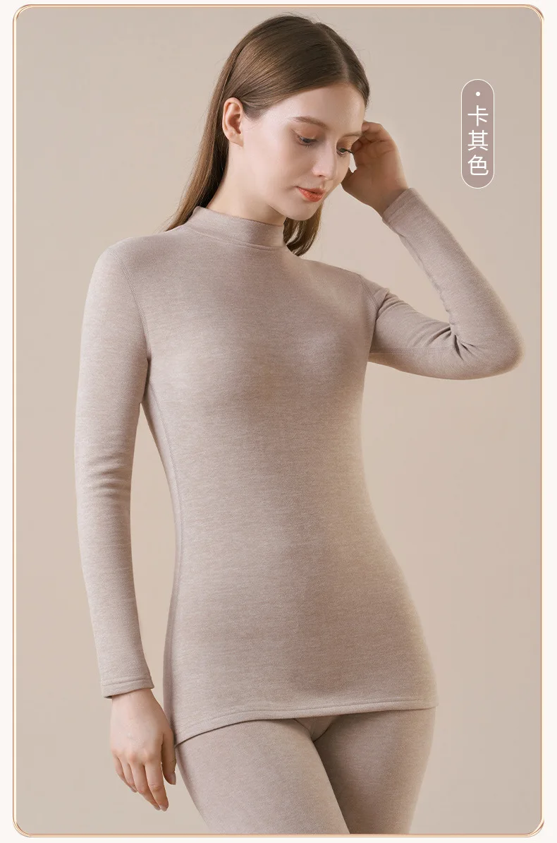 Damen-Thermo-Unterwäsche aus Kaschmirseide, Thermoshirts, warme Hosen, verdickte, einfarbige, halbrollkragenartige Oberteile, langärmlige Winterkleidung. – Detail 19