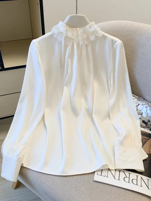 

Sweet Style Ruffle Hem Chiffon Shirt Women's Long Sleeve round Neck Commute Top Elegant Feel Spring Autumn New Arrival
