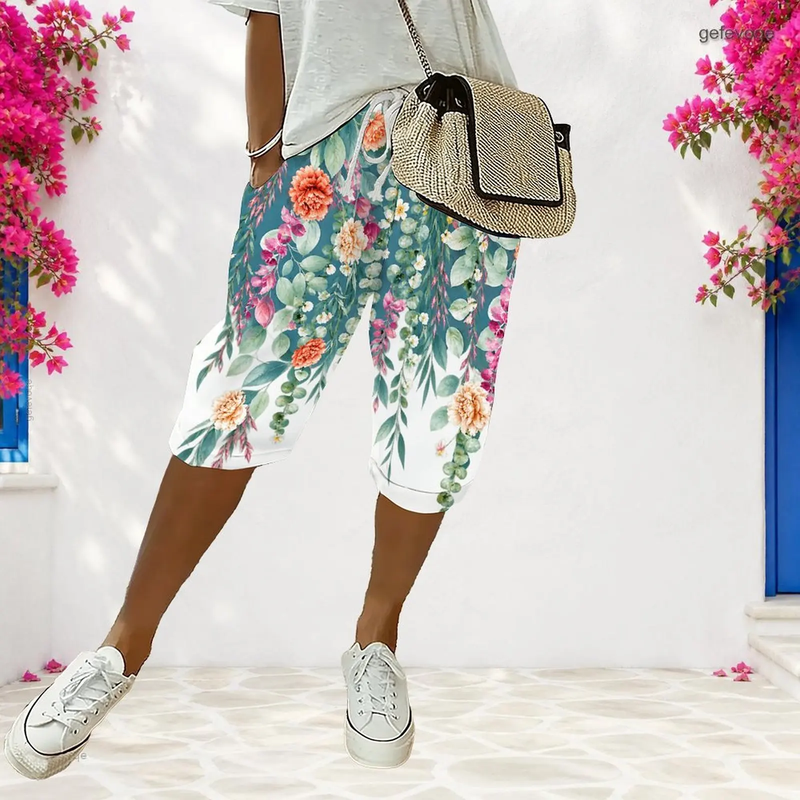 Women Shorts with Print Drawstring Waist Side Pockets Knee Length