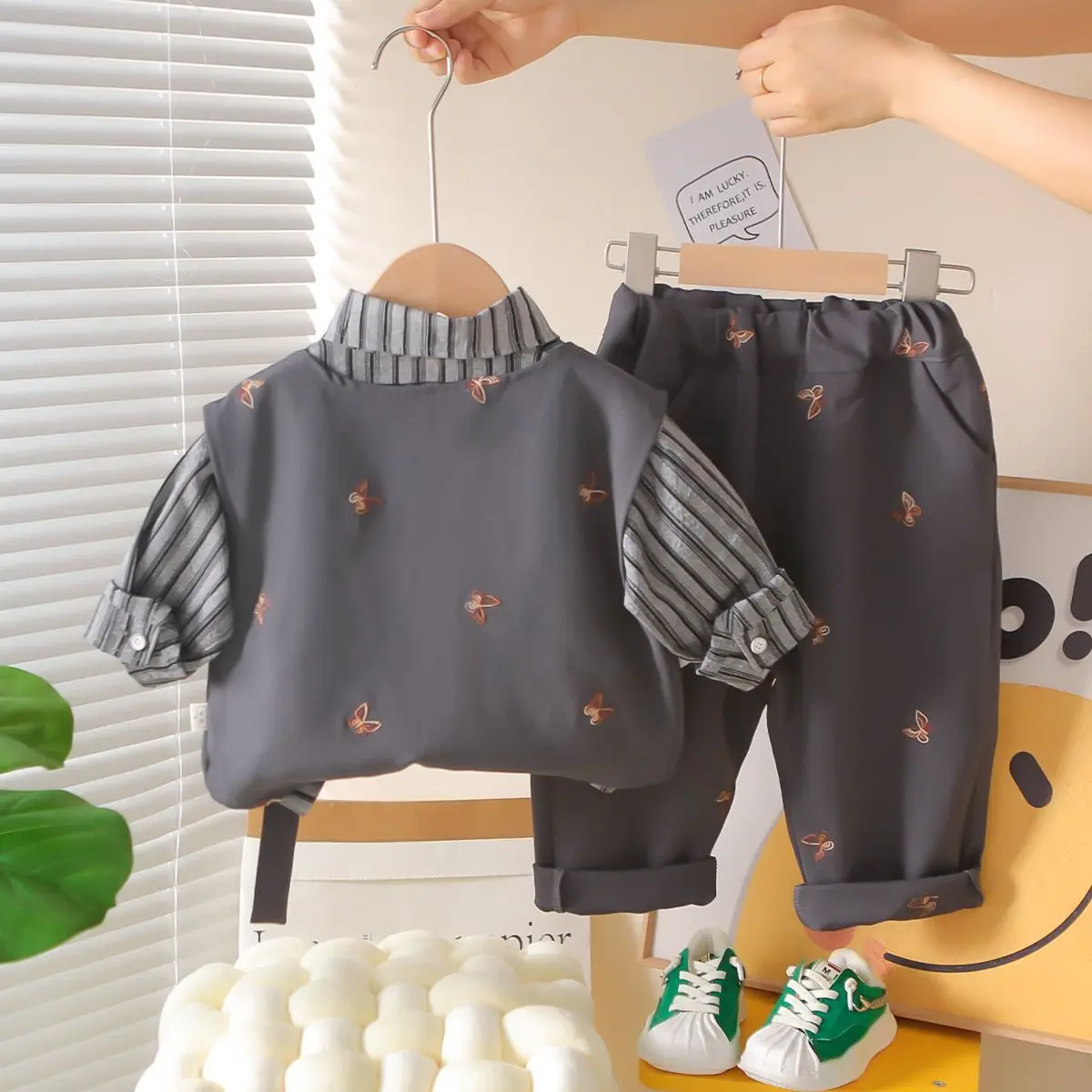 80-120cm Children's Spring and Autumn Set New Korean Version Baby Suit Vest Shirt Boys' Stylish Three Piece Set