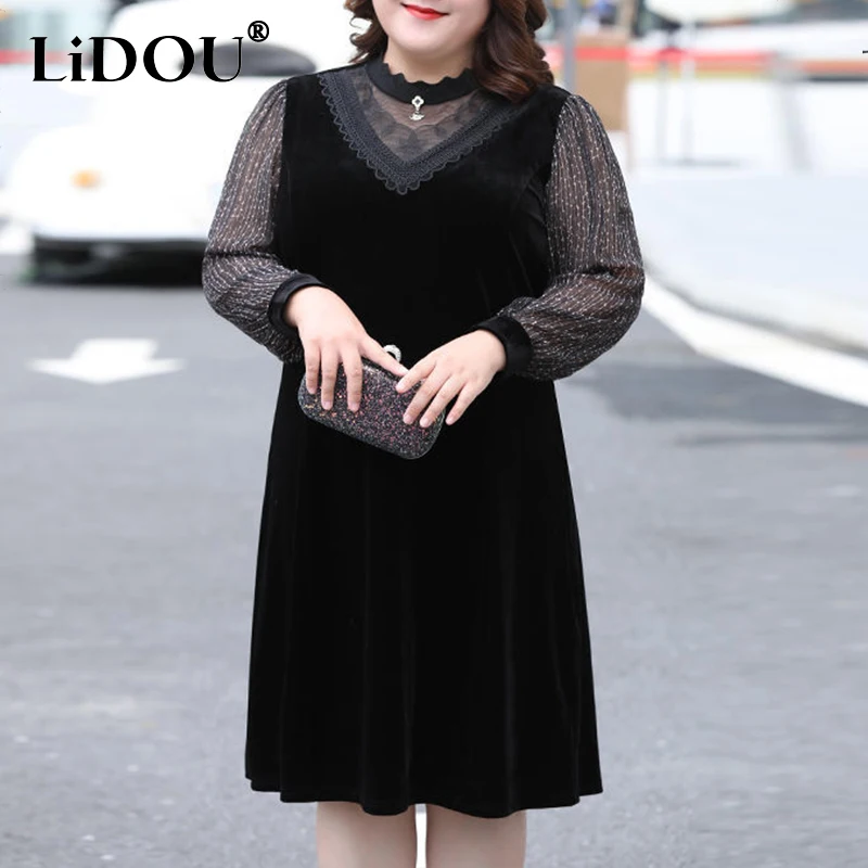 Spring Autumn Solid Plus Size Black Sexy Dress Women Long Sleeve Elegant Fashion Lace Gauzevestidos De Fiesta Chic Robe Femme