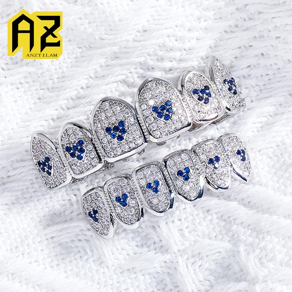 Anztilam Blue Zircon Iced Out Grillz Teeth Men Women Bling  Hip Hop Tooth Grills Caps Fashion Jewelry
