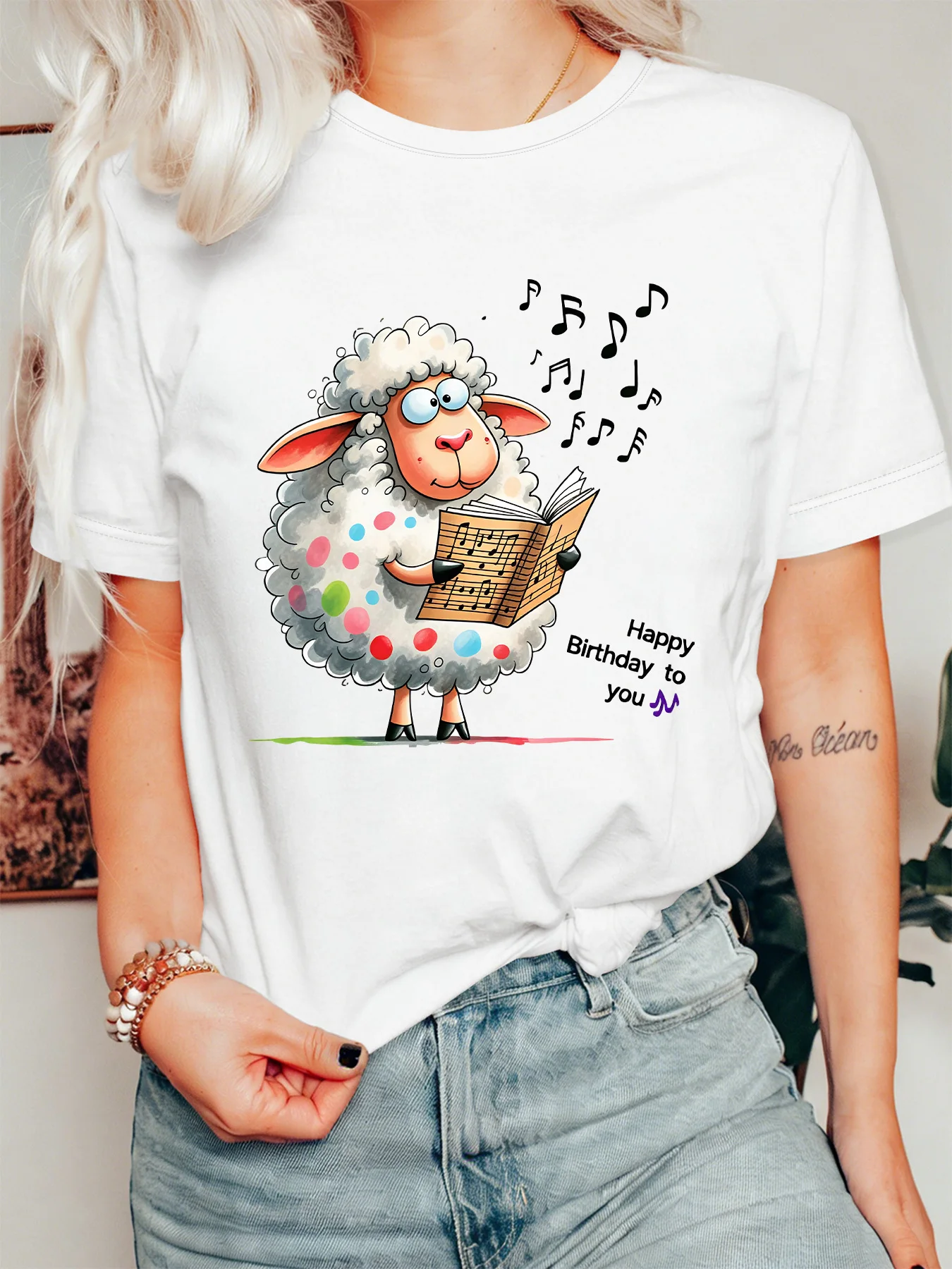 Happy Birthday To You Singing Sheep Music Graphic Womens T Shirt Short Sleeve Crew Neck Funny Farm Casual Daily Ladies Tee Tops