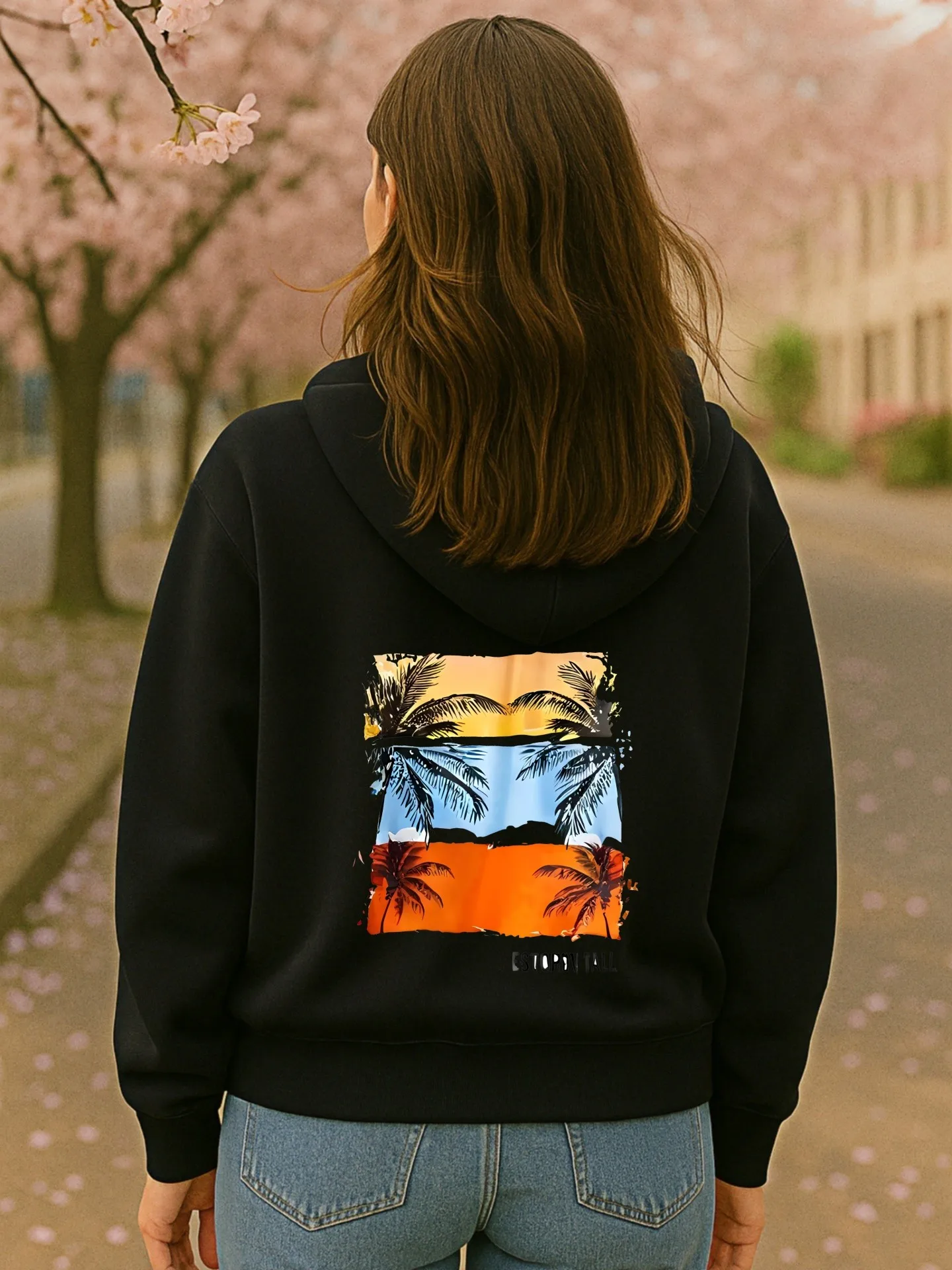 Graphic Hoodie Women, Tropical Palm Tree Print, Casual Aesthetic, Soft Fabric, Fall Vacation Outfit, For Young Men