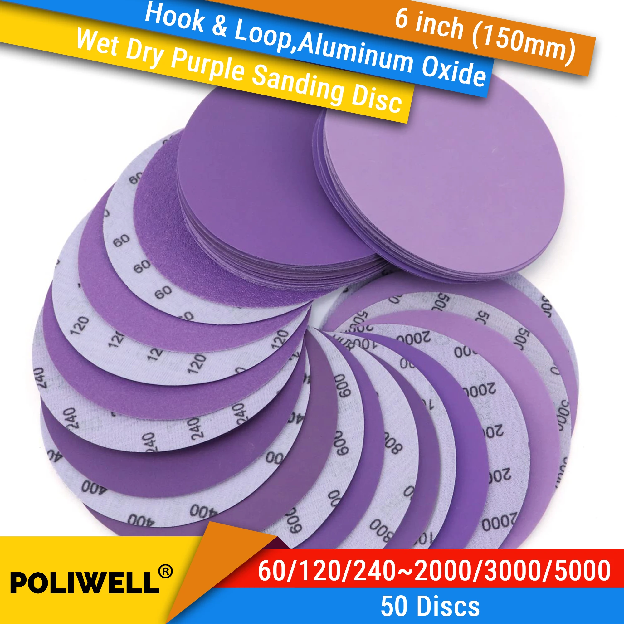 

50 PCS 6 Inch Wet Dry Sanding Discs Hook and Loop Assorted Grit Purple Premium Aluminum Oxide Flocking Polish Sander Sandpaper