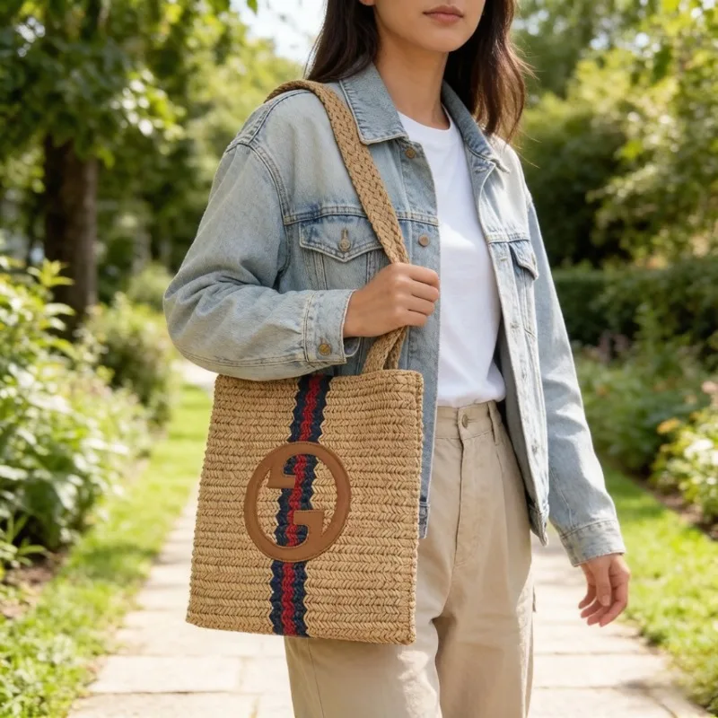 Women Minimalist Straw Woven Handbag Retro Large Capacity Shoulder Tote Bag Casual Summer Beach Seaside Vacation Commute Bag