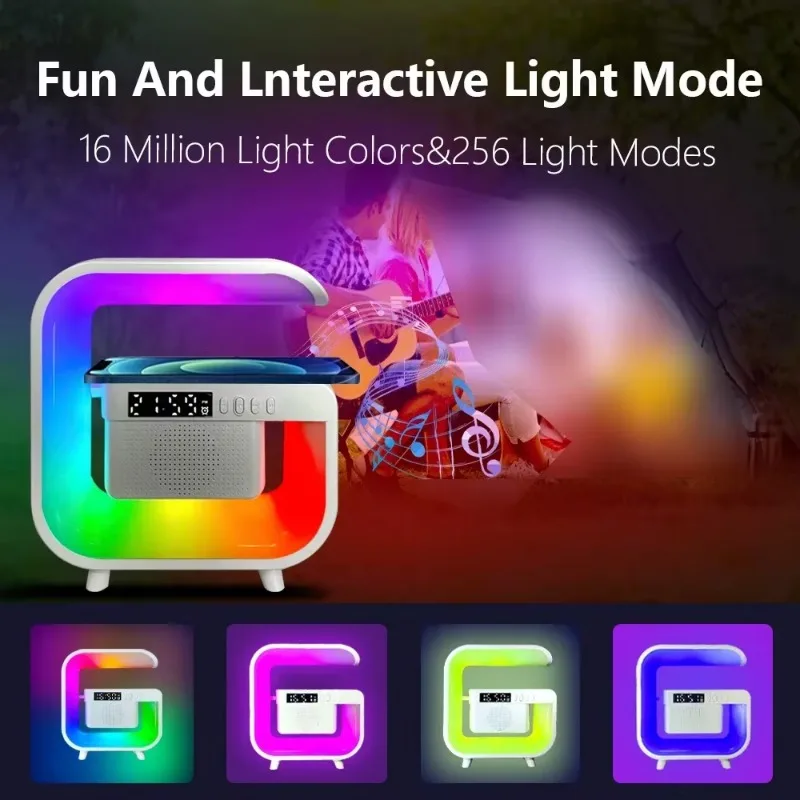لوحة حامل شاحن لاسلكي ، مكبر صوت بلوتوث ، منبه ، ضوء RGB ، مصباح ليلي ، محطة شحن سريع لـ iPhone ، sragm ، شاو
