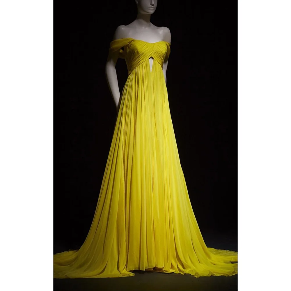 

Yellow off The Shoulder Solid Color Floor Length Cut Out Prom Gown High-end Banquet Custom Evening Dress
