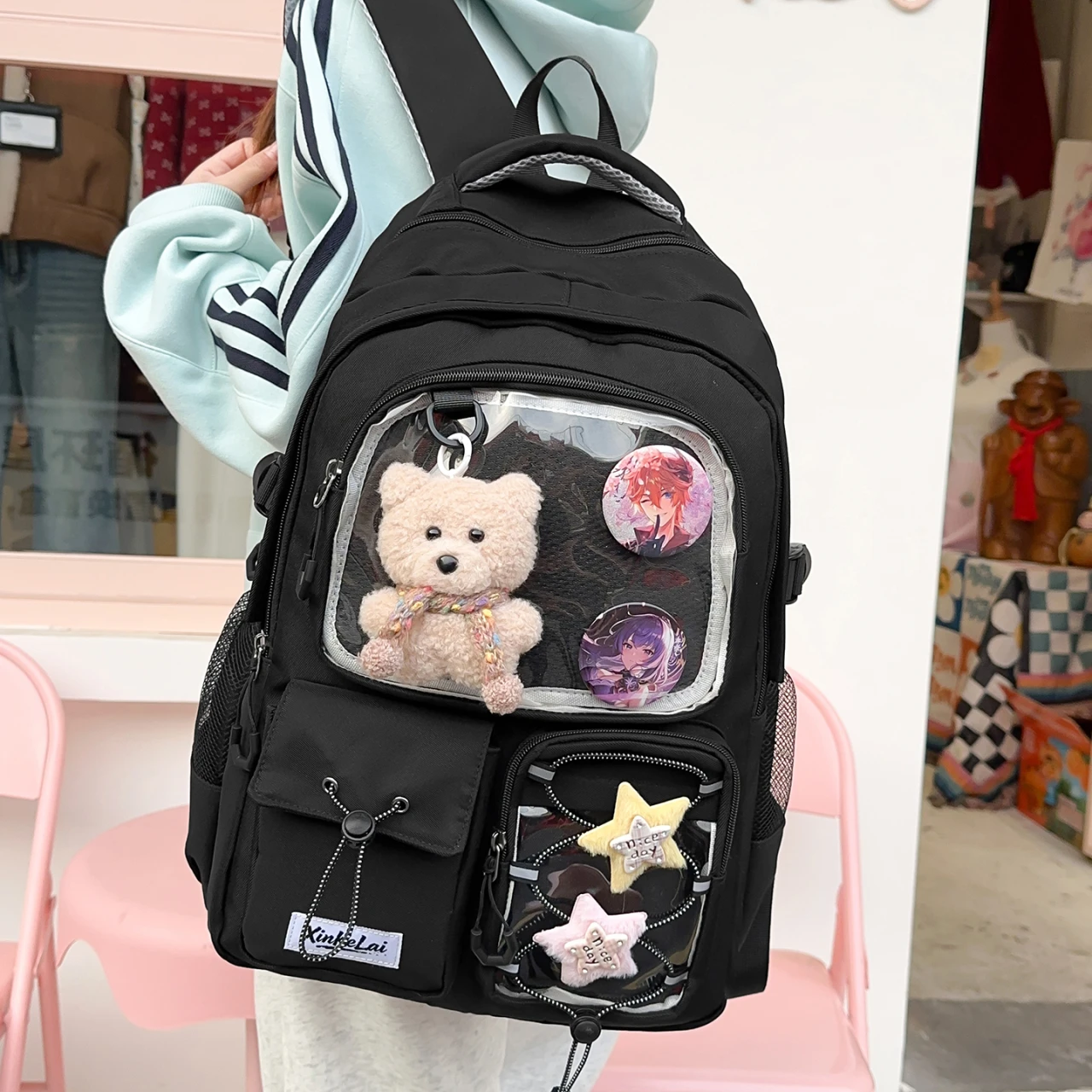 

Women's Black Canvas Backpack Multiple Clear Display Pockets Adjustable Strap Casual Daily School Bag 2026 New Trend Back Pack