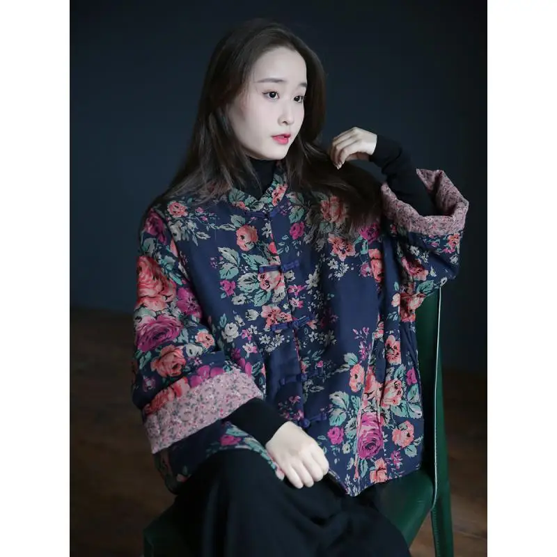 Floral Print Cotton Coat Vintage Autumn Winter Women Clothing Warm Design Chic Jackets Single Breasted Long Sleeves Outerwear