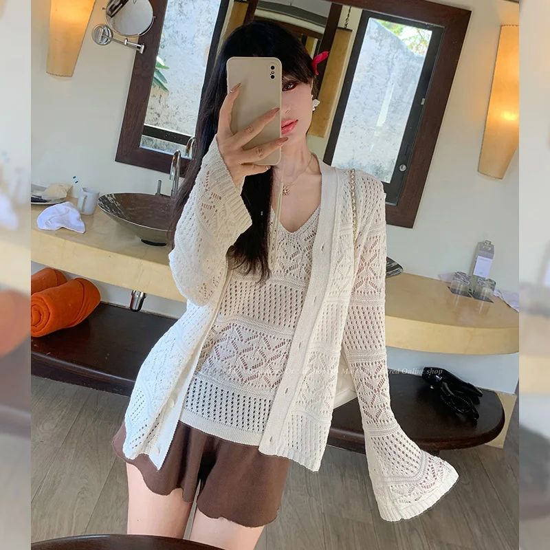 

Mays Lace Hollow out Knitted Open Cardigan Svel Top Silk And Paper Tead French Sle Long Sve Regular Length Butto...