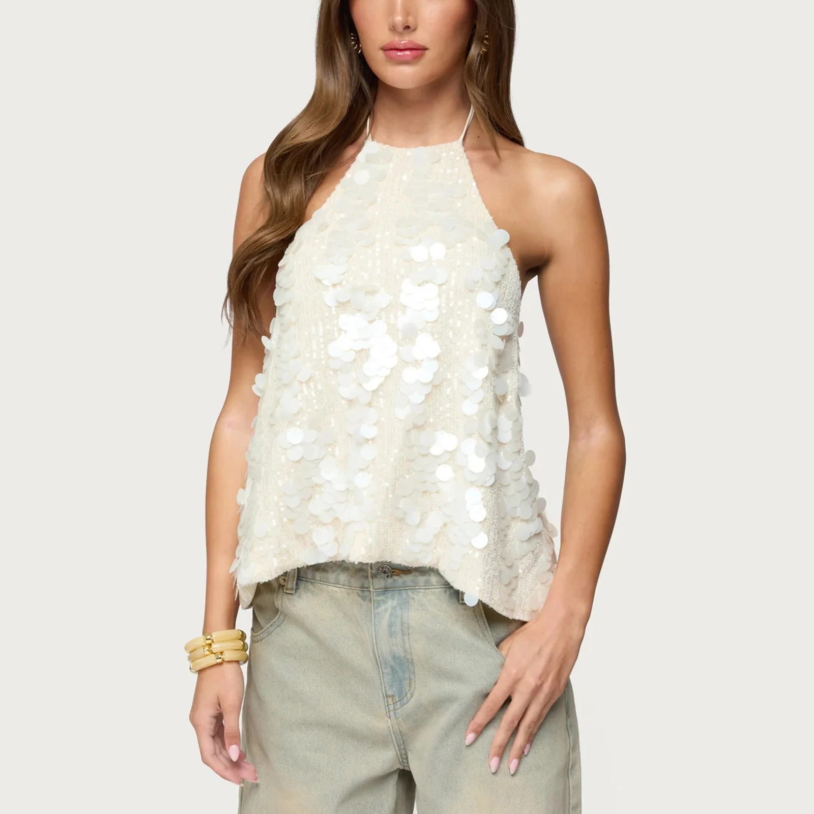 

Women Sequins Halter Crop Top Fashion Tie-Up Sleeveless Tank Tops Female Backless Tank Top Summer Vest For Clubwear Party