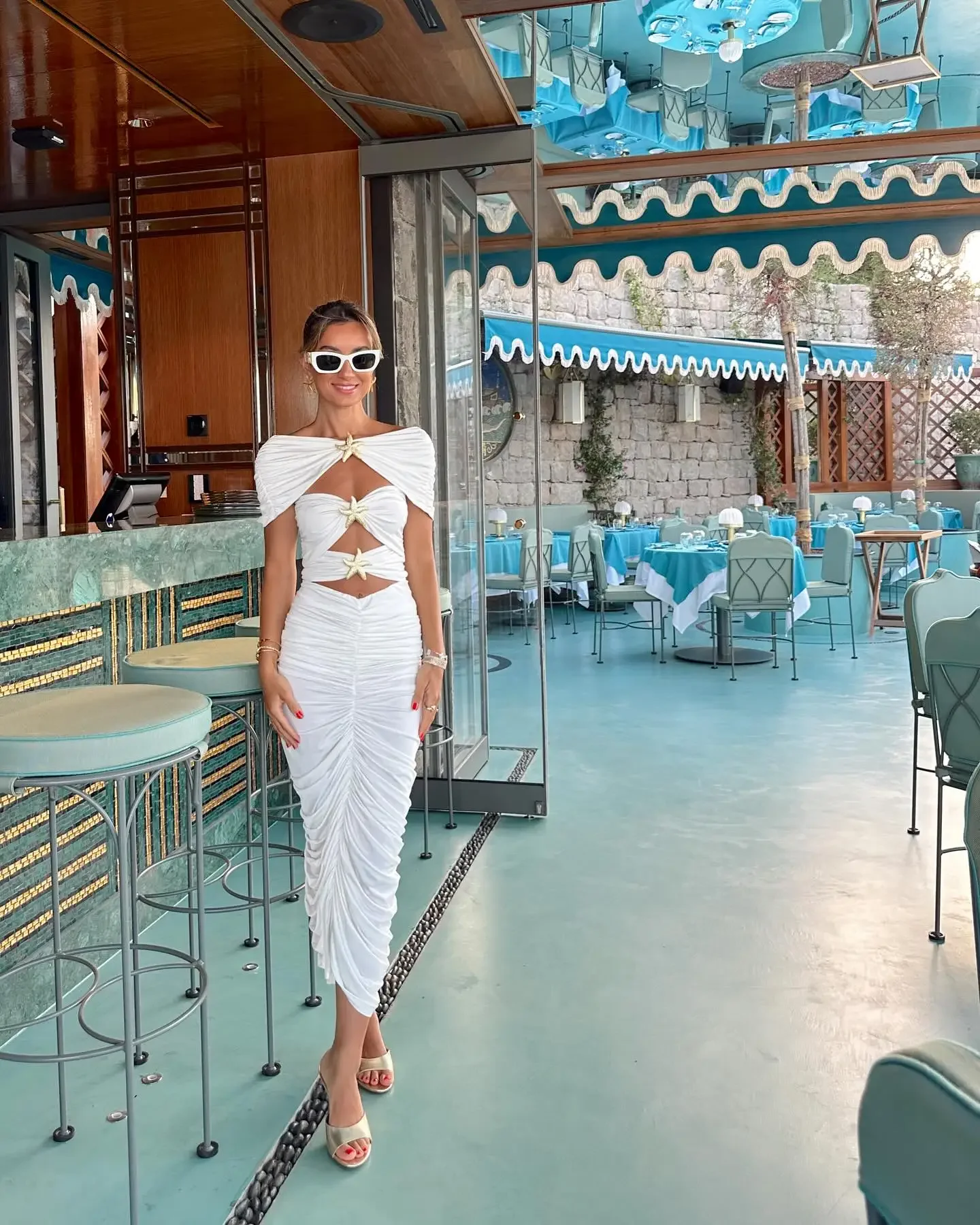 Fashion Shiny Star Off Shoulder Cut Out Women One Piece Swimsuit And Skirt 4Pcs Set 2025 Trend Sliming Long Dresses Set Outfits