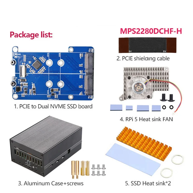 

A47F-MPS2280D For Raspberry Pi 5 PCIE To M.2 Dual NVME SSD HAT+Case+SSD Heat Sink/Pi5 Fan Support 2280/2242/2230 SSD