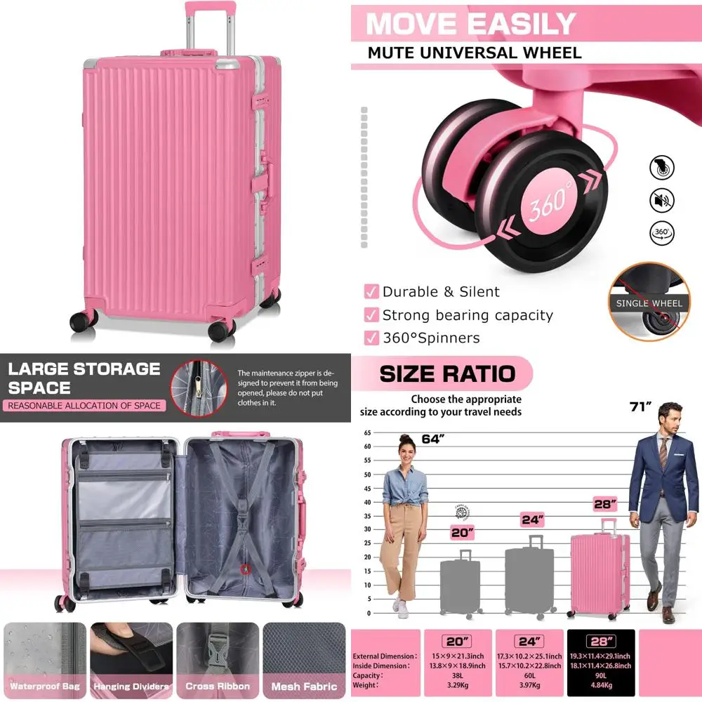 

aluminum frame hard shell tsa lock luggage suitcase without zipper, 28 inch rose pink