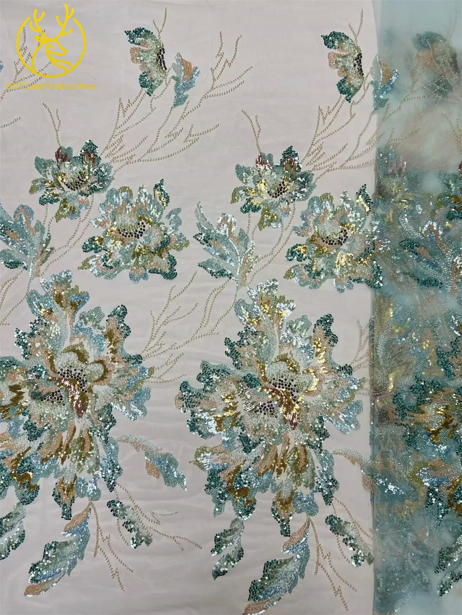 Neuer Stil Luxuriöser Afrikanischer Perlen-Spitzenstoff mit Großen Blumen 2026 Hochwertiger Nigerianischer Pailletten-Spitzenstoff für Brautkleider – Detail 10