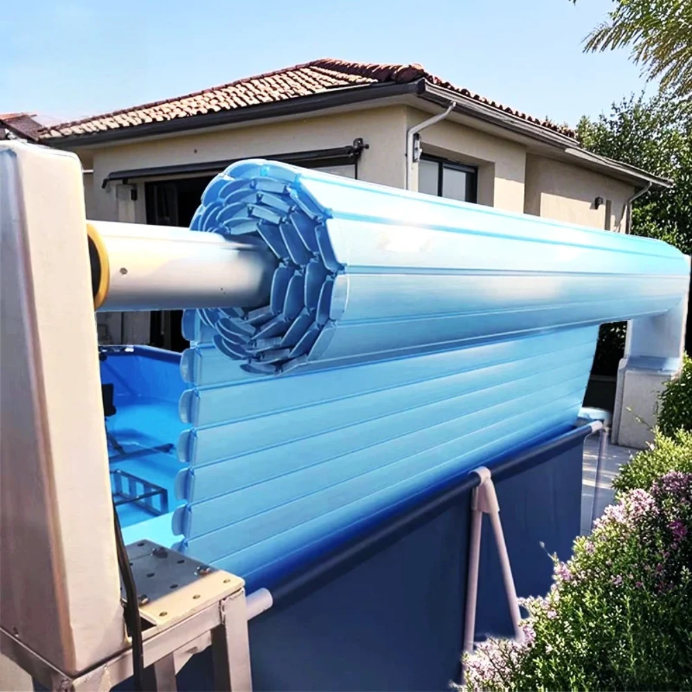 Automatic PC Slatted Pool Cover with Crown Leaf Blocker, Evaporation Reducer Reels Swimming Safety Cover Deposit Outdoor