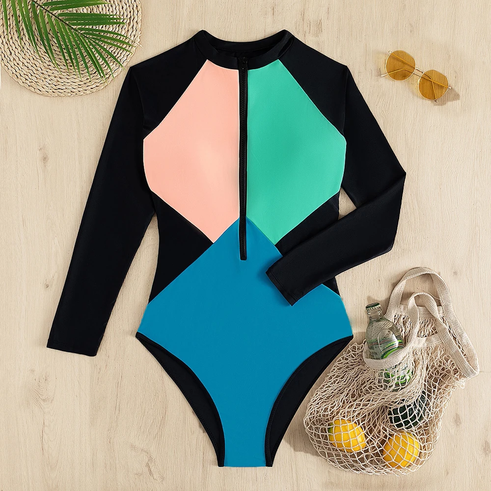 Colorblock zíper de uma peça maiô feminino manga longa esportes de surf natação praia banhista