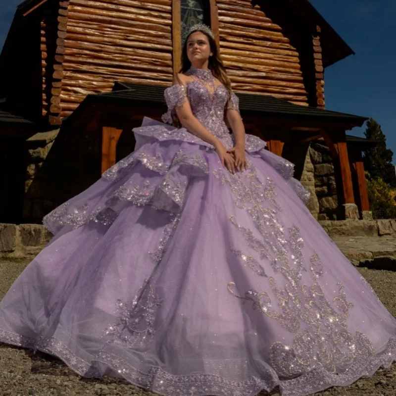 فستان Quinceanera أرجواني لامع عاري الكتفين كريستال لامع ثلاثي الأبعاد زهرة ملصق طويل الذيل القوس Vestidos De 15 Quinceanera تخصيص #2