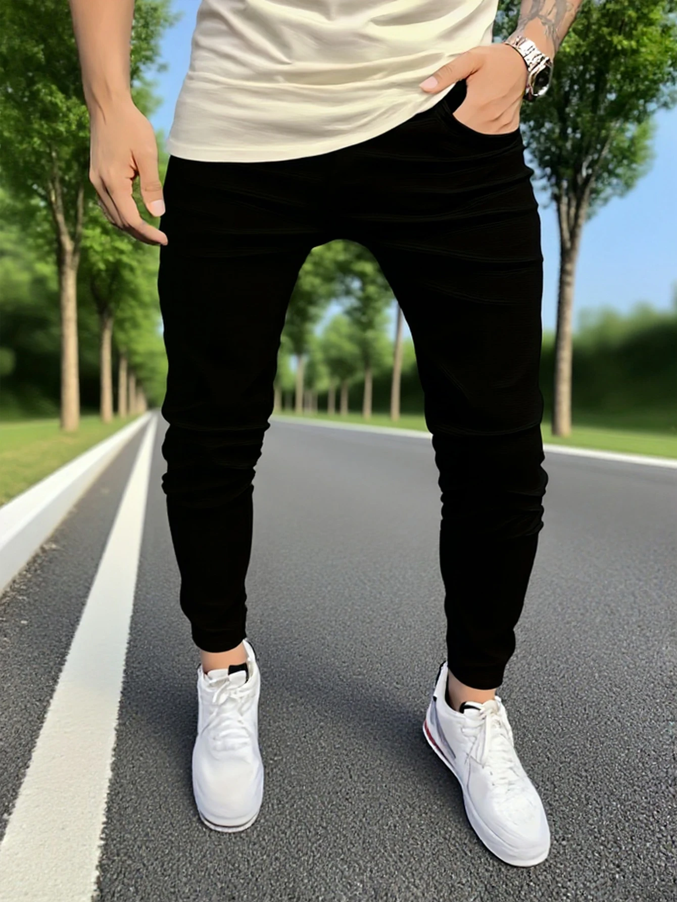 

Мужские черные джинсы, минималистичный и приталенный крой, легкий создающий повседневный и модный стиль.