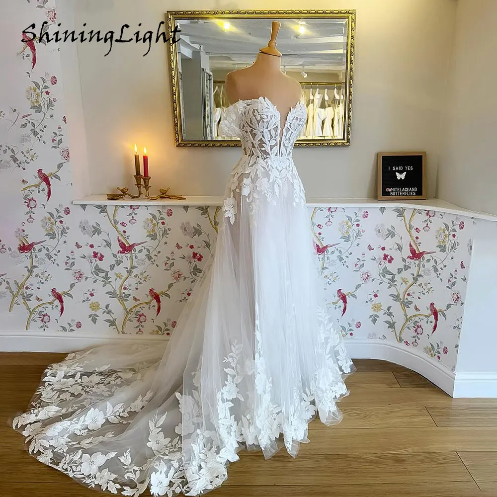 

ShiningLight Vintage Off-Shoulder Wedding Dresses A-Line Lace Appliques Tulle Brautkleid De Mariee Boho Wedding Gown Customized