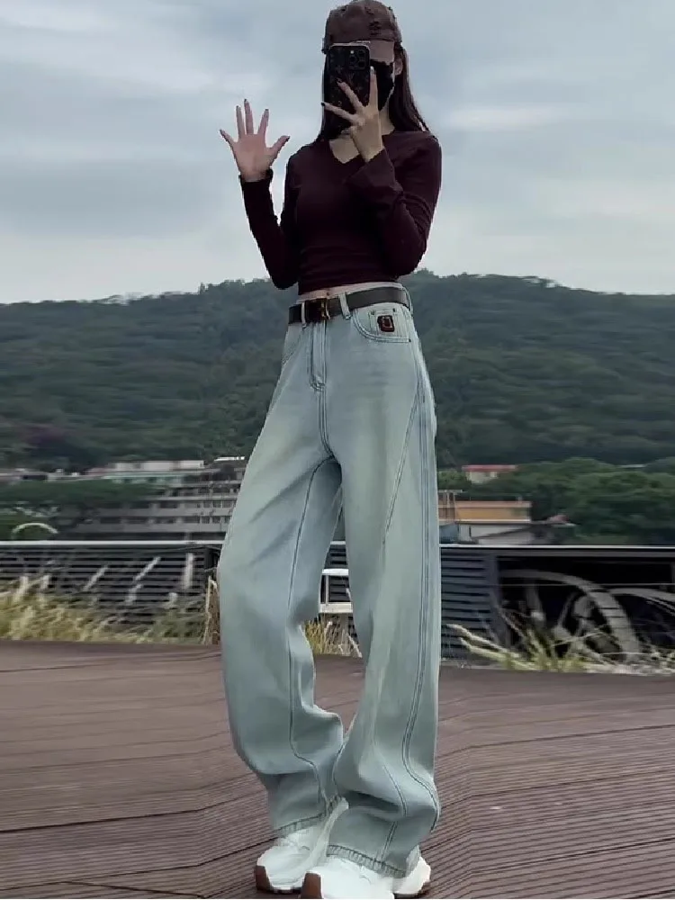 التخسيس ضوء Waed مستقيم الساق الجينز المرأة فضفاضة تناسب عالية الخصر بنطال ذو قصة أرجل واسعة عادية Sle الصيف الجينز #5