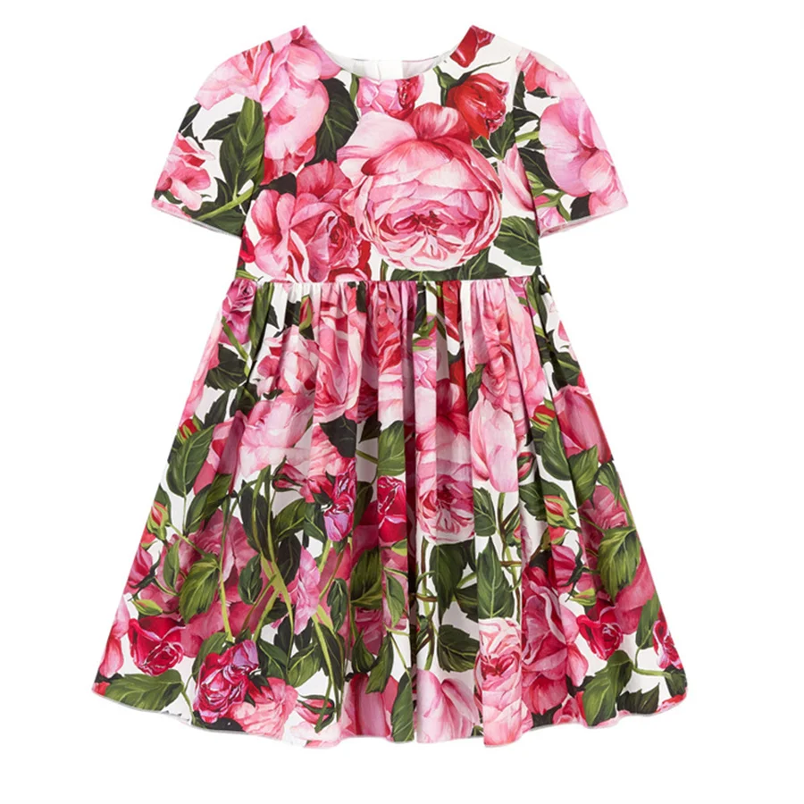 Kids Princess Dresses Girls Flowers Printed Short Sleeve Party Dress Children Summer Elegant Birthday Holiday Clothing Baby