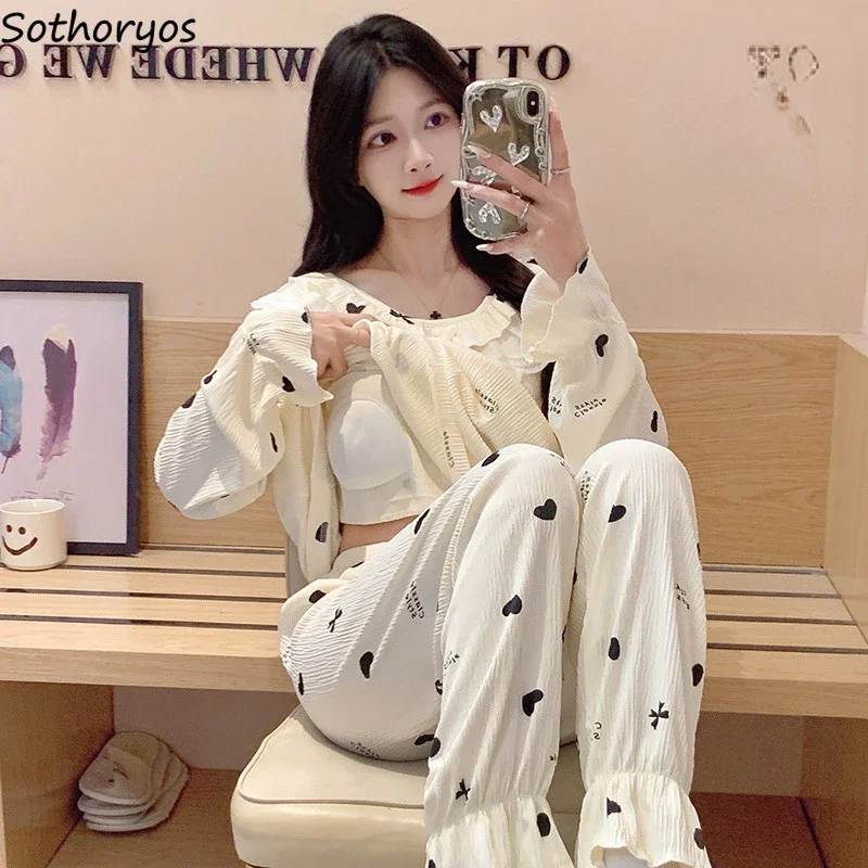 

Пижамные комплекты женские с принтом сердца милая одежда для сна девичий кружевной дизайн домашняя принцесса нежная мягкая домашняя одежда универсальная корейская мода