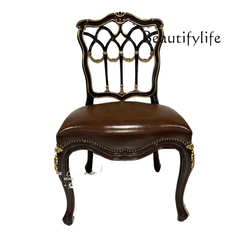 

Italian medieval style solid wood carving flower dining chair household simple back chair