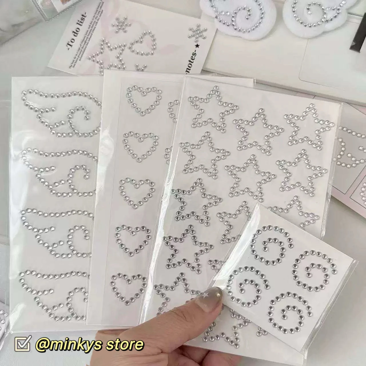 Kpop Fotokarten-Deko-Aufkleber, Silberne Strass-Stern- & Herz-3D-Sticker, Geschenkverpackung Glitzer DIY Scrapbooking-Aufkleber