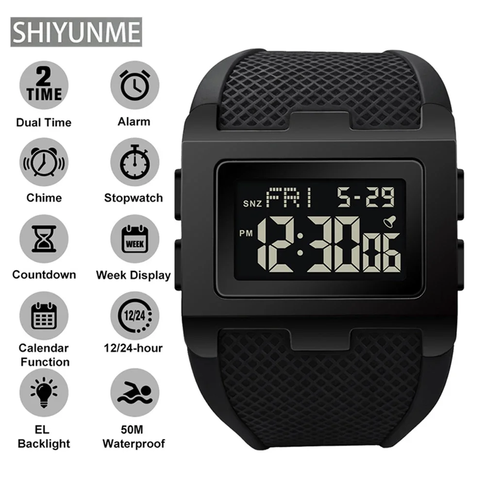 SHIYUNME Trendy Men's Electron Watches Creative Design Square Dial LED Digital Display Luminous Countdown Sport Wristwatch