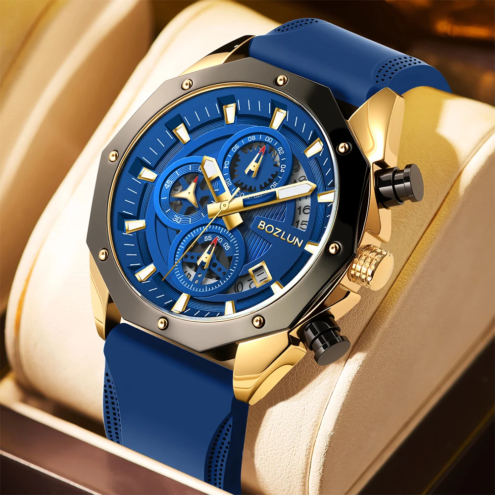 Bozlun BZ197 Men Business Quartz Watches Waterproof Male Fashion Wristwatch 3 Sub-dials Luxury Clock Luminous Hands Causal Wear