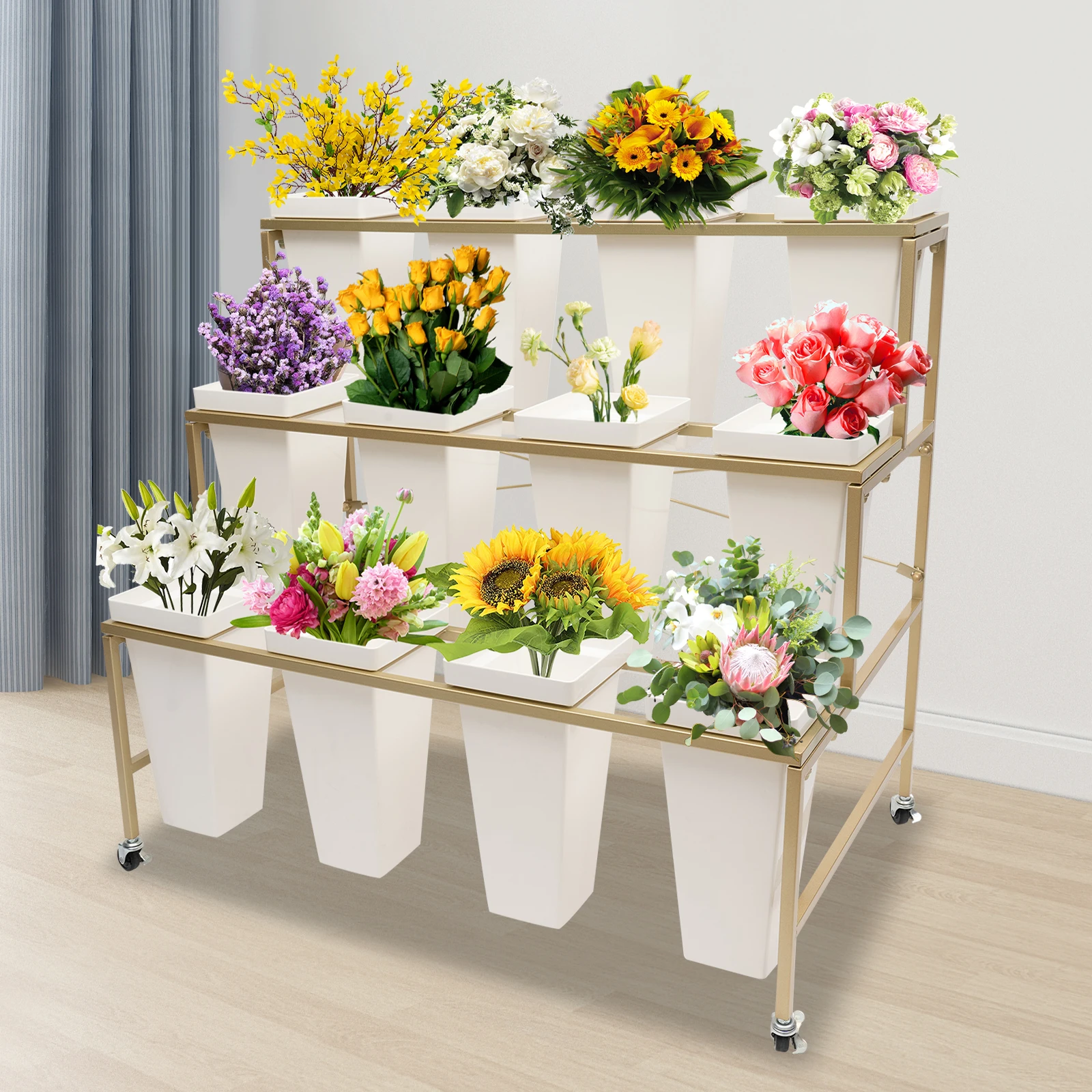 3 Tier Flower Display Stand Gold Flower Cart Moving Plant Stand Metal with Wheels & 12Pcs Buckets Moving Florist Bouquet Shelf