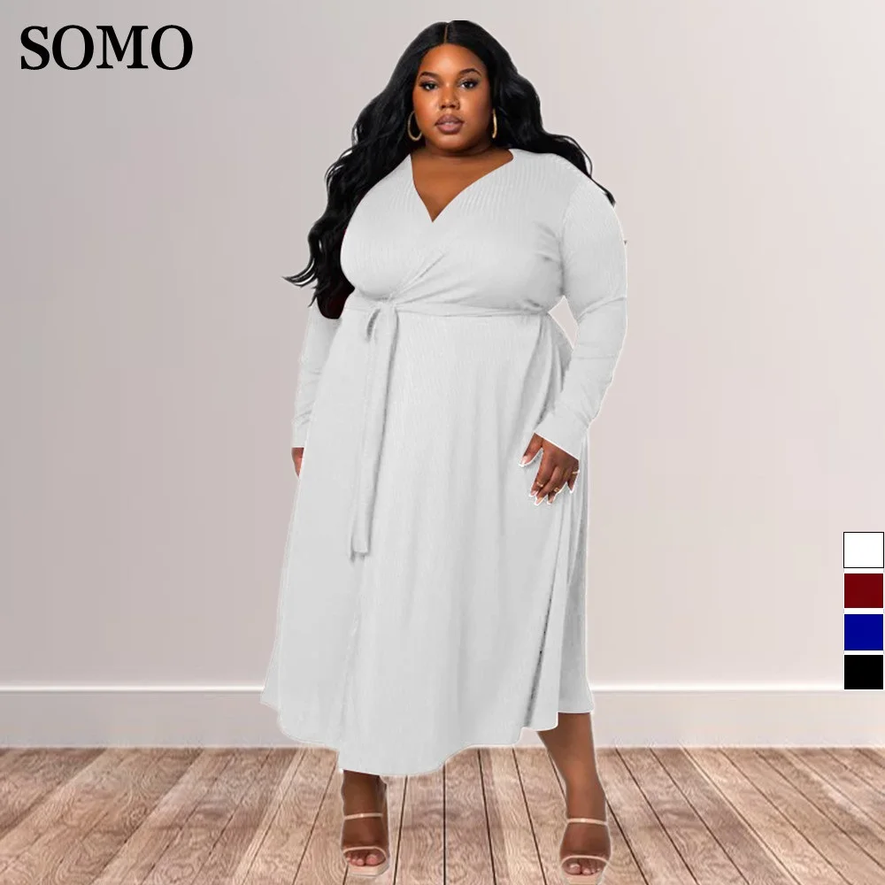 

SOMO 5xl Plus Size Women's Clothing Sexy Party Dress V Neck Lace Up Autumn Winter Long Dresses Solid Wholesale Dropshipping