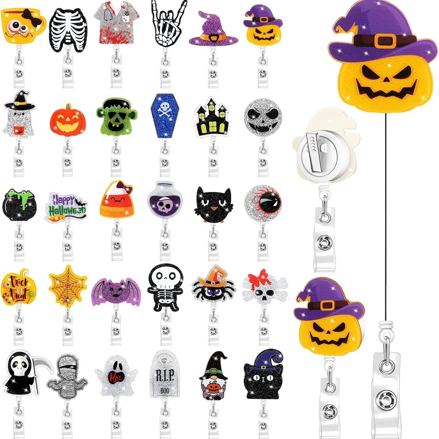 2026 New Design 1 Piece Shiny Acrylic Retractable Nurse Badge Reel Anime Halloween Style Name Tag ID Card Holder  Keys Lanyard
