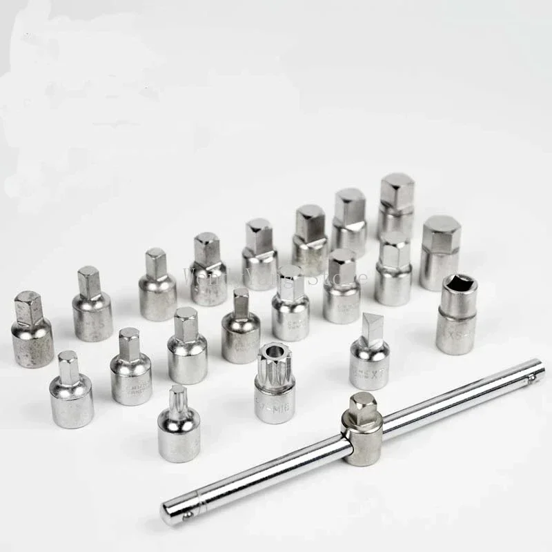 21PCS Oil Drain Pipe Plug Socket Set Oil Pan Screw Sleeve Wrench 3/8-Inch drive Sliding T-bar Removal Kit