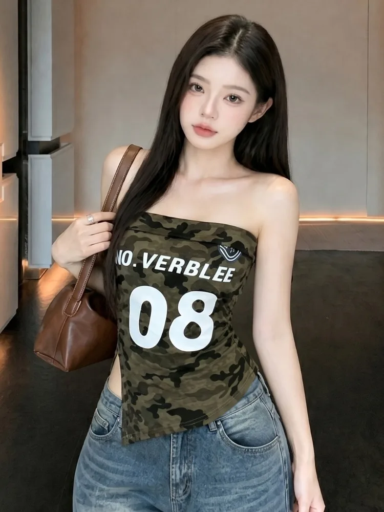 

Sexy Girl Style Sleeveless Leopard Print Vest Women's Summer Letter Print Side Slit Crop Top Slim Fit City Walk Fashion