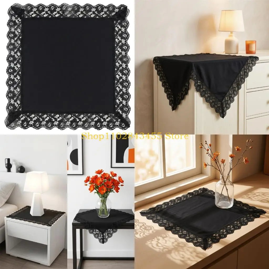 49MC Elegant Black Cotton Handkerchief With Delicate Lace Trim 45.5cm Square For Men Women
