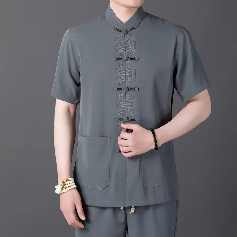 

Tang Suit Summer Breathable Chinese Style Retro Suit Top Pants Short Sleeve Hand Button Embroidery Oriental Traditional Clothing