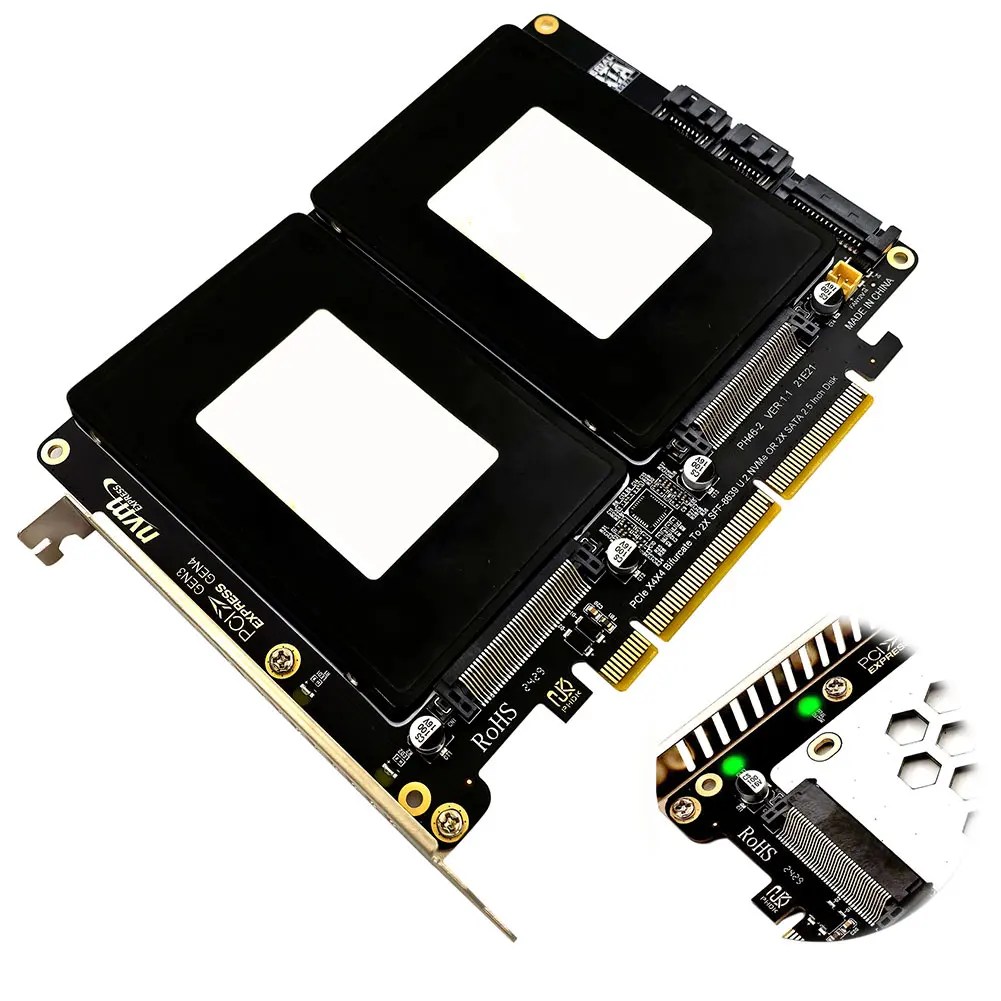 U.2 Dual Drive Adapter Card with LED Indicator 2.5 Inch SATA Hard Drive To PCIE4.0 Split Card U.2 PCIe Adapter U.2 To PCIe Card