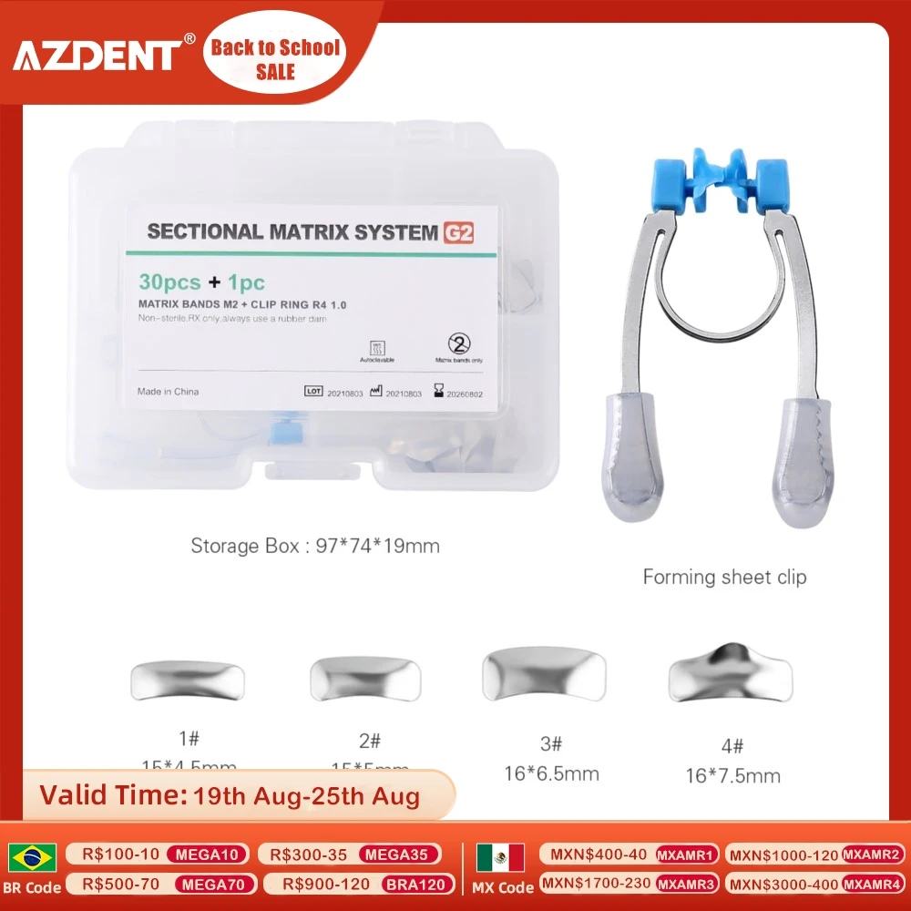 

AZDENT 30PCS/Set Dental Sectional Contoured Metal Matrices Matrix Refill Forming Sheet with Clamping Separating Ring Clip Tool