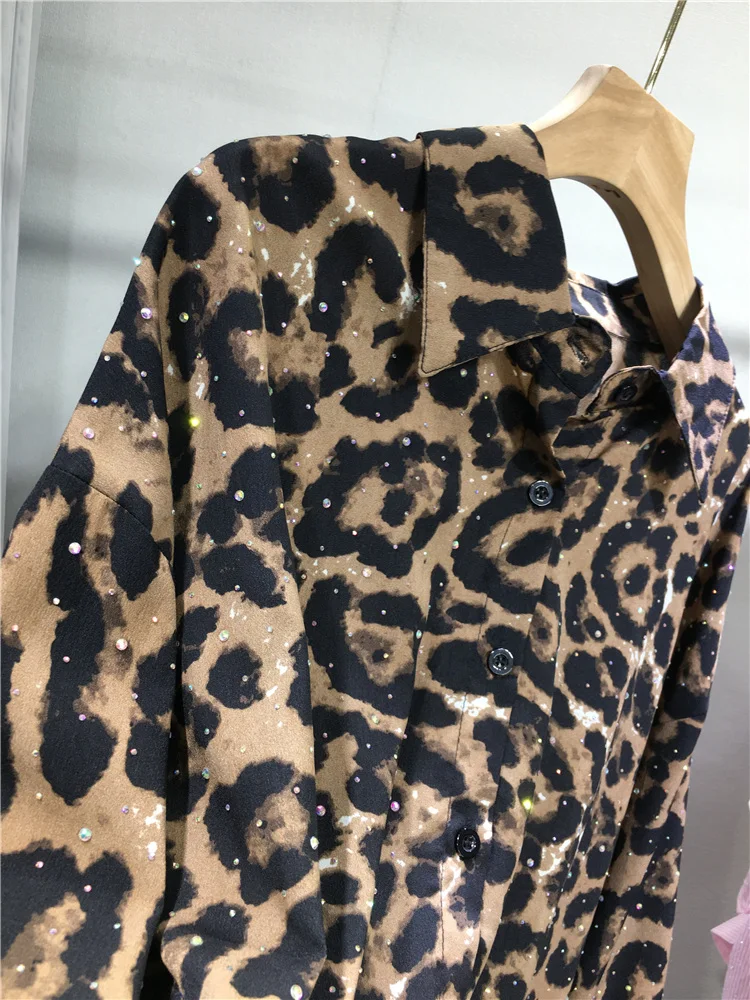 Fashion Hot Drilling Leopard-Print Long-Sleeved Shirt Women 2024 Spring and Summer Versatile Loose Mid-Length Slimming Cardigan